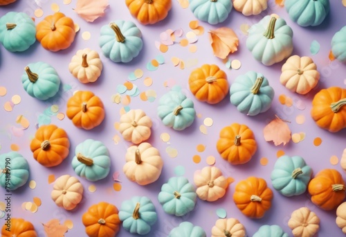  lay pastel pumpkins small paper confetti flat color pattern background fall harvest halloween thanksgiving 