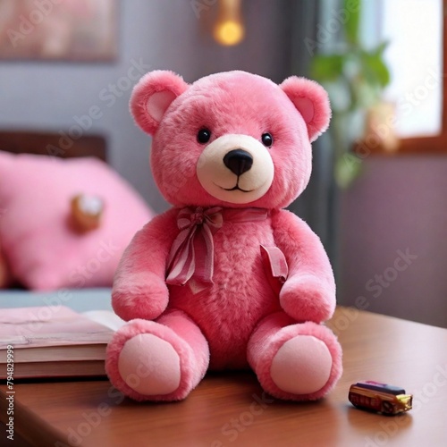 A pink color cute teddy bear toy on stunning room background