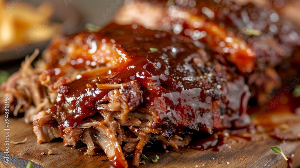 Mouthwatering close-up of slow-cooked pulled pork shoulder, seasoned and smothered in tangy barbecue sauce, presented on an isolated background, studio lighting Mouthwatering close-up of slow-cooked pulled pork shoulder, seasoned and smothered in tangy barbecue sauce, presented on an isolated background, studio lighting