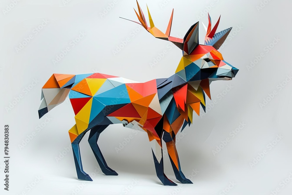 Obraz premium A origami model of a multicolored deer made of geometric shapes