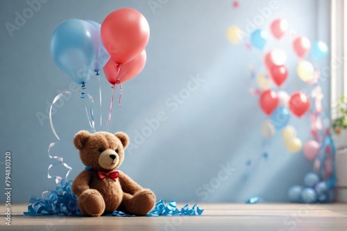 A cute teddy bear toy with colorful balloons on stunning room background