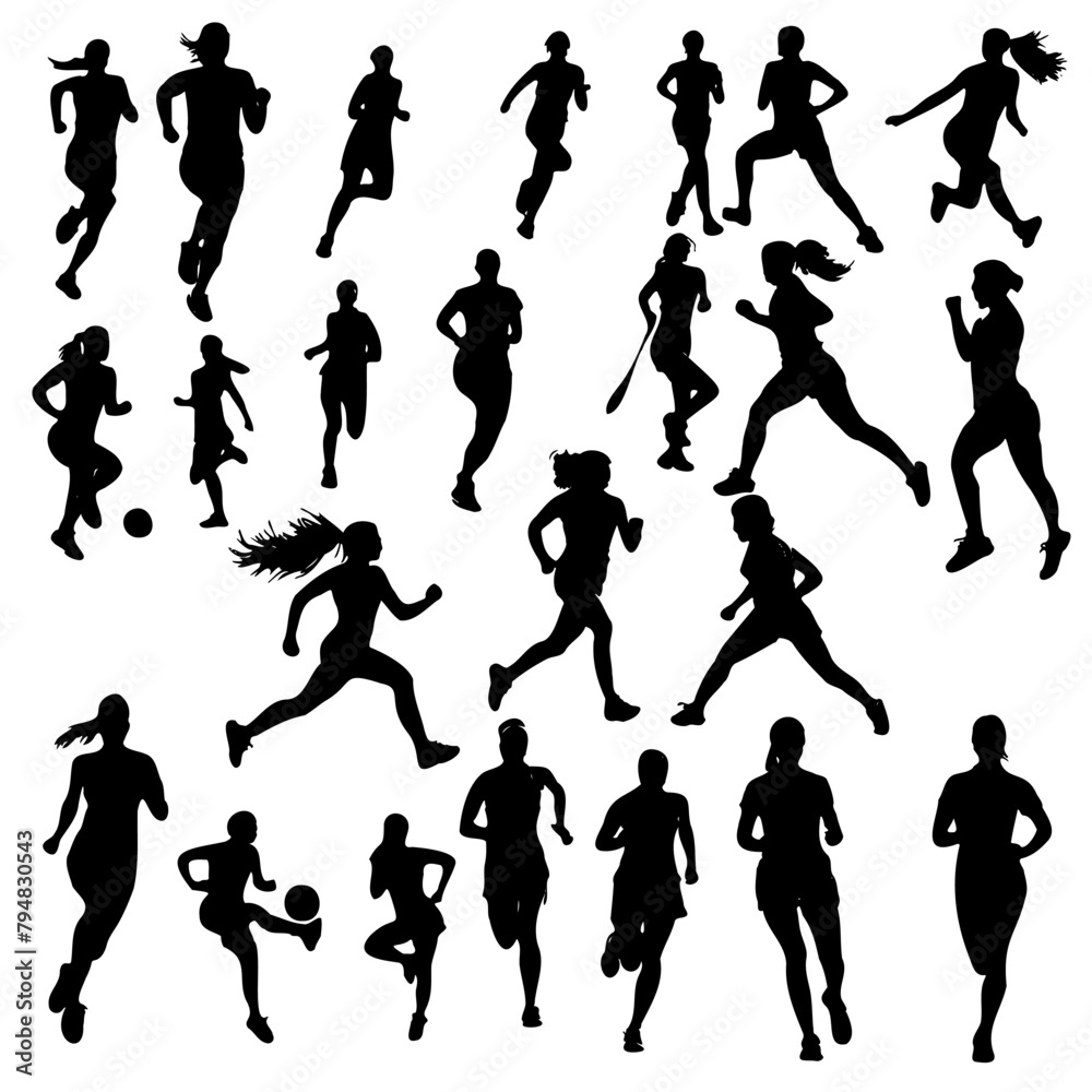 collection of silhouettes of athletes running, including a soccer player with a ball. Scene is energetic and dynamic, showcasing the athleticism and determination of the athletes