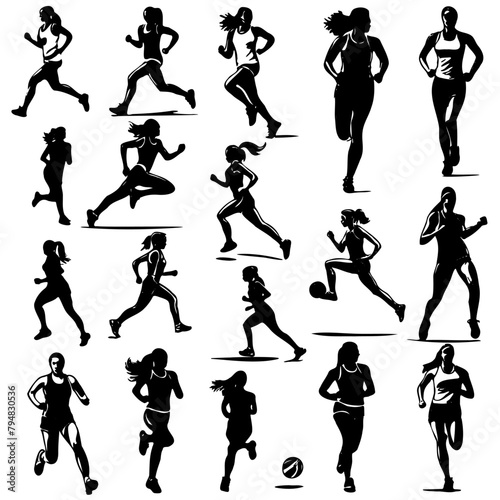 collection of silhouettes of women running. Scene is energetic and active. The concept of the image is to showcase the athleticism and determination of women runners © Екатерина Переславце