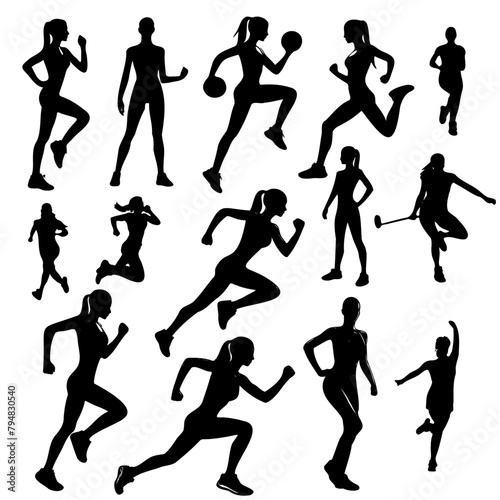 series of silhouettes of women in various athletic poses. Scene is energetic and active