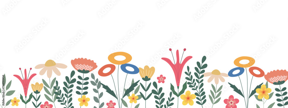 Horizontal floral background decorated with bright blooming flowers and leaves.