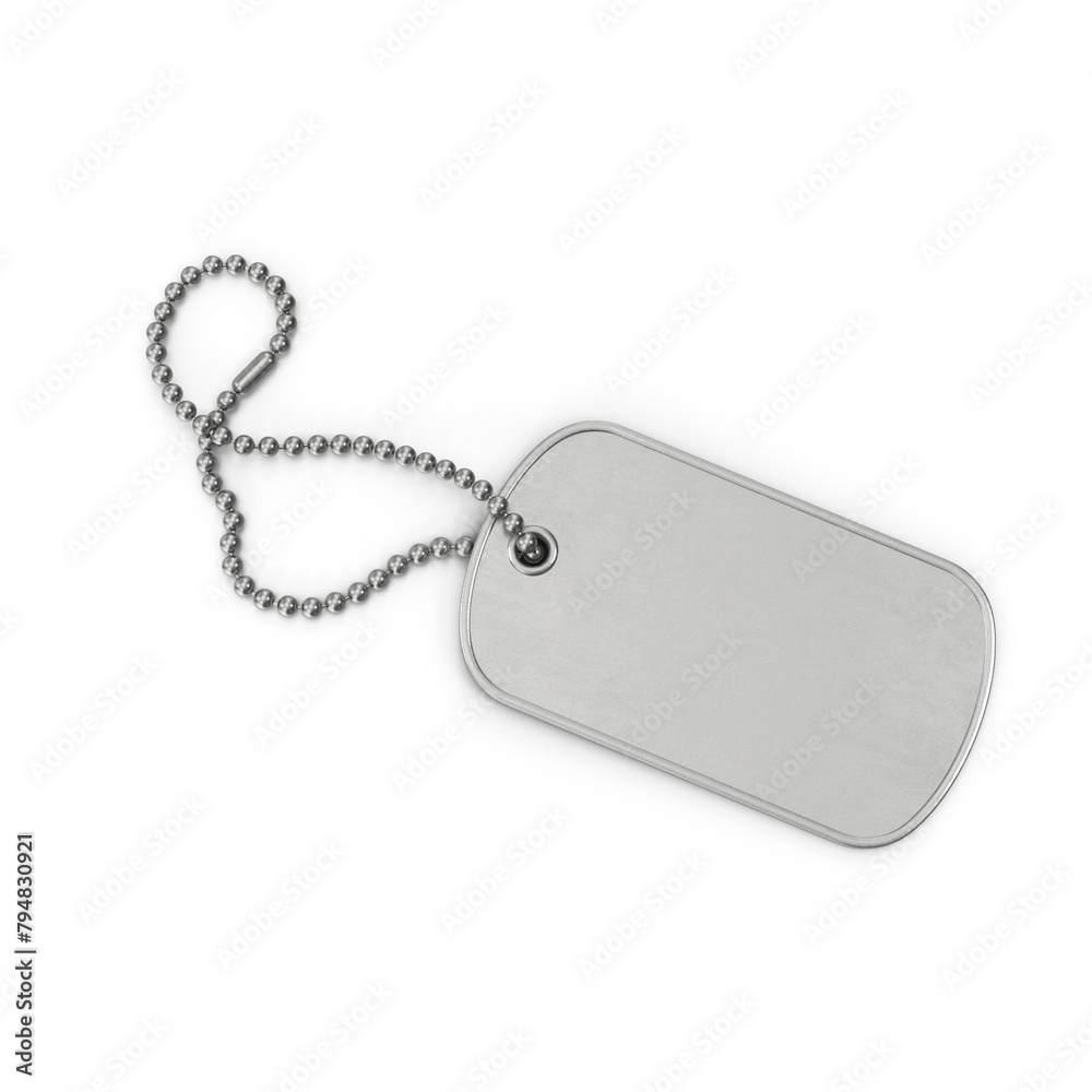 Fototapeta premium Realistic 3D Army locket or soldier badge army tag necklace isolated from stainless steel with identity details. Old dog tags on white background, Military dog tag necklace. Personal id pendant