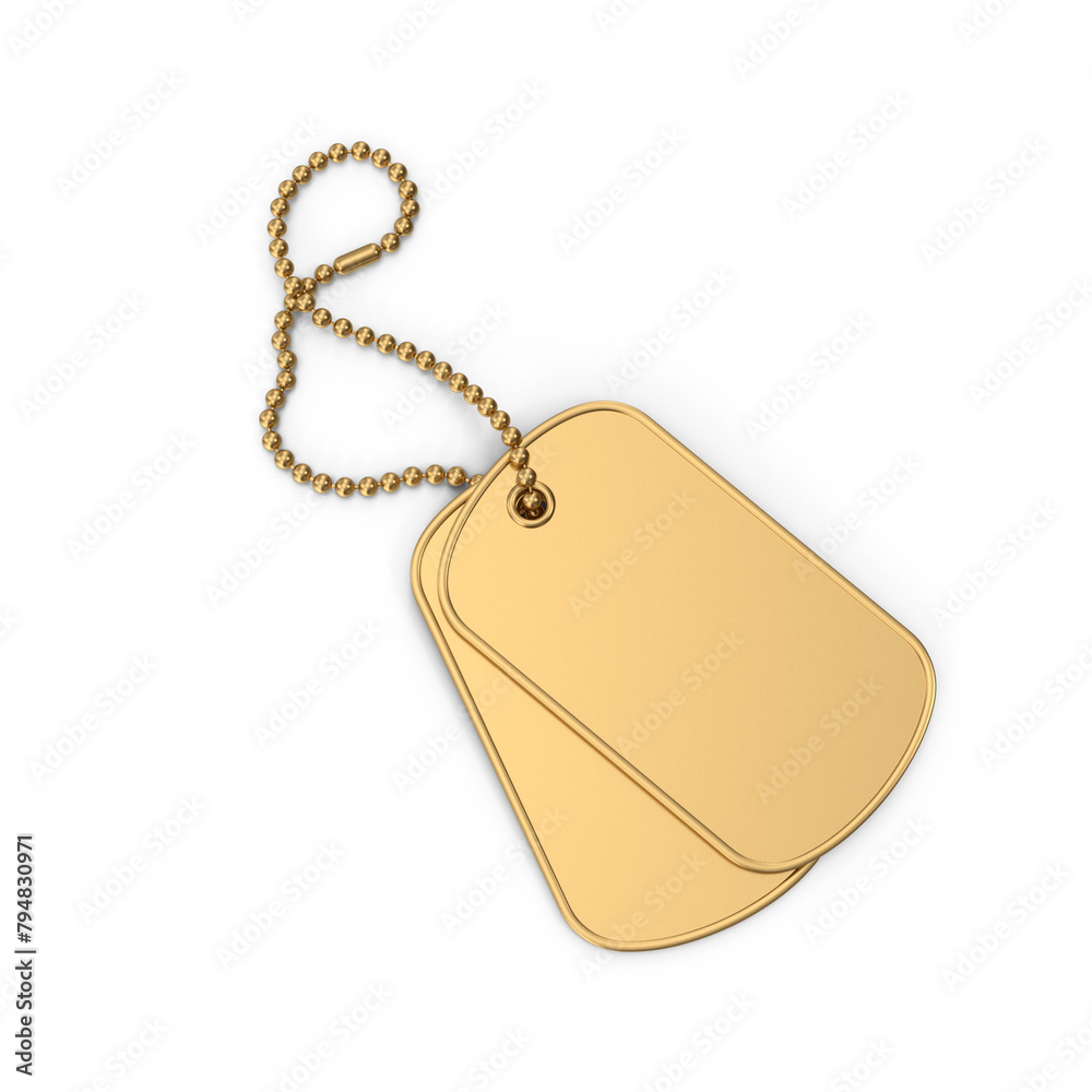 Fototapeta premium Realistic 3D Army locket or soldier badge army tag necklace isolated from stainless steel with identity details. Old dog tags on white background, Military dog tag necklace. Personal id pendant