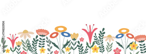 Horizontal floral background decorated with bright blooming flowers and leaves.