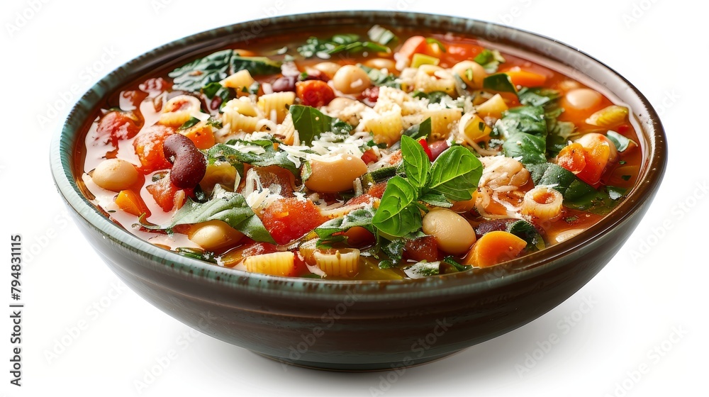 Luxurious bowl of rich and hearty Minestrone, perfect blend of vegetables, pasta, and beans, flavored with fresh herbs and Parmesan, isolated background