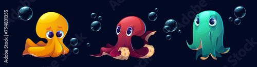 Cute octopus character. Sea baby squid cartoon. Funny animal with tentacle drawing clipart. Underwater kraken monster in red and orange. Invertebrate friendly ocean creature game asset collection