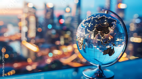 a blue globe sits on a round base in front of a cityscape, accompanied by a brown and black butterf photo