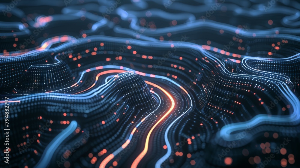 A futuristic digital interface with glowing nodes and lines ...