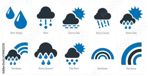 A set of 10 Weather icons as rain drops, rain, sunny day