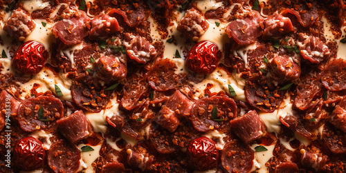 Delicious pizza topped with fresh meat, cheese, olives, and other savory ingredients, close up view of delicious Italian pizza with vegetables and salami for Design elements, food photography. 