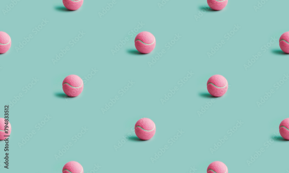 Pink painted tennis balls on a trendy pastel green mint background. Tennis balls seamless pattern with shadow. Creative and trendy concept. 3d style print