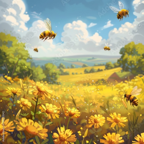 Summer rural landscape with fields and bees, bee day background