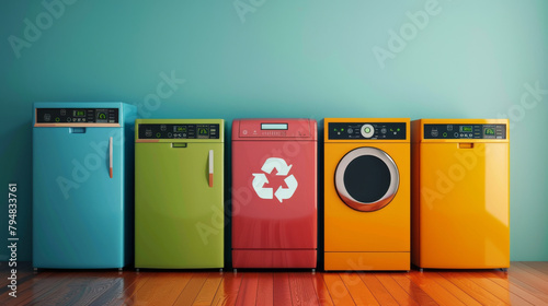 Colorful home appliances lined up showcasing a vibrant laundry room photo