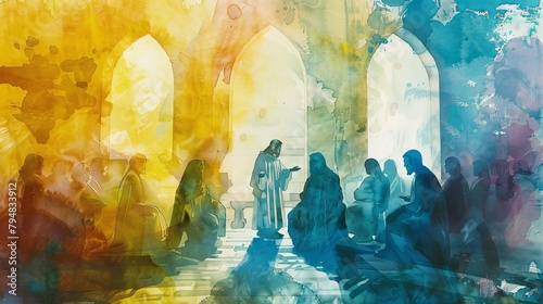 A reflective scene of Jesus teaching in the temple, using subtle shades and soft watercolor blends photo