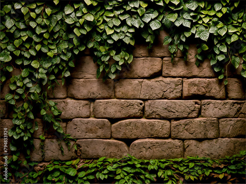 Old stone wall overgrown with ivy and foliage. Rustic stone wall background wallpaper. photo