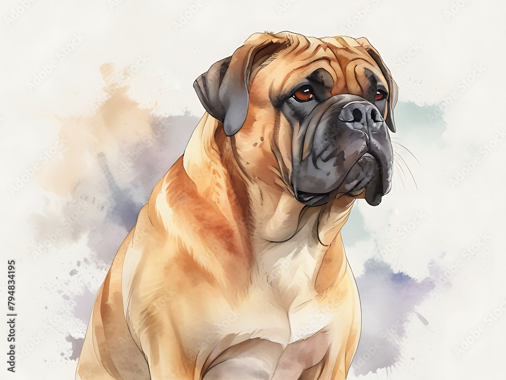 Watercolor painting: Bullmastiff dog with brown striped fur. The dog is sitting alertly. on a white background