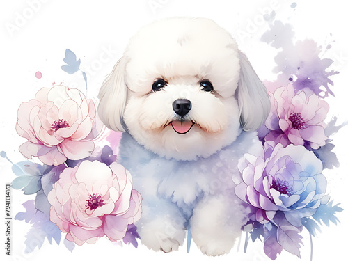 Watercolor painting of a fluffy Bichon Frize puppy surrounded by colorful pink and purple flowers. on a white background photo