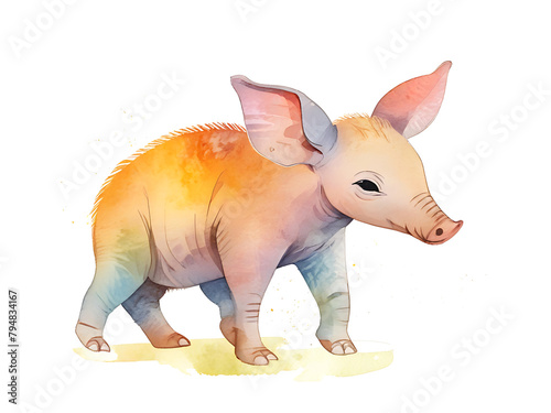 Watercolor painting of a baby anteater Aardvarks explore a world of colours. Anteaters balance on their hind legs. long nose on white background