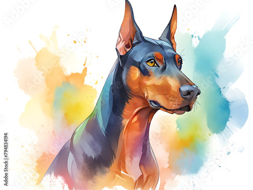 Watercolor painting of a Doberman Pinscher dog sitting alertly with shiny black fur with rust marks on the chest, legs, on a white background. photo