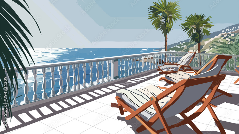 Terrace with deck chairs overlooking the sea Hand drawn