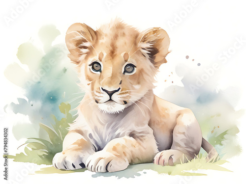 Watercolor painting of a curious lion cub playfully rolling around in tall grass on a white background.