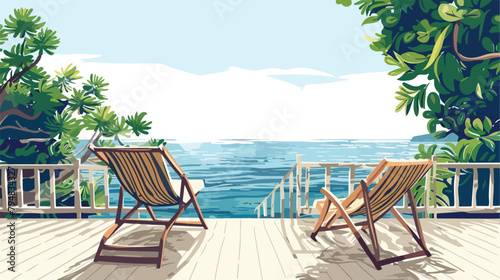 Terrace with deck chairs overlooking the sea Hand drawn
