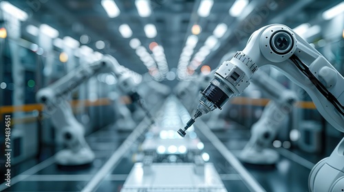 Robotic arms assembling and moving around small shiny objects for aerospace manufacturing processes. Futuristic factory shop floor in lights. Metal, carbon, glass, LED. Smart robots. Generative AI. photo