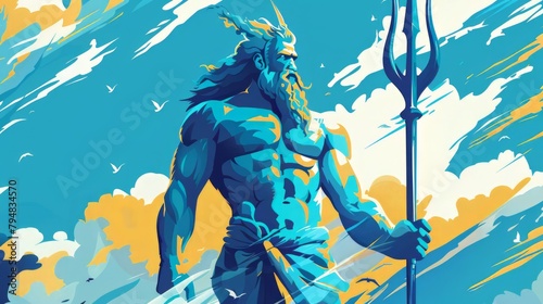 Poseidon is one of the Twelve Olympians in ancient Greek religion and mythology, presiding over the sea, storms, earthquakes and horses. photo