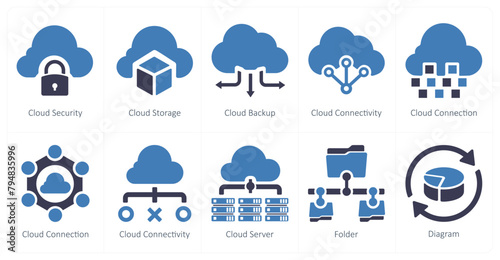 A set of 10 Big Data icons as cloud security, cloud storage, cloud backup