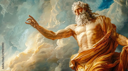 Greek religion and mythology, who rules as king of the gods on Mount Olympus. His name is cognate with the first syllable of his Roman equivalent Jupiter. photo