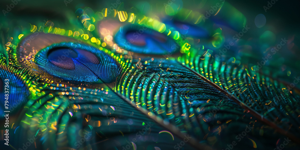 Naklejka premium Macro shot of peacock feathers, highlighting their vibrant blue, green