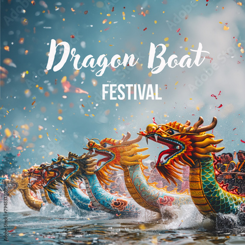 Dragon Boat Festival Celebration Design with Splashing Water and Flying Confetti