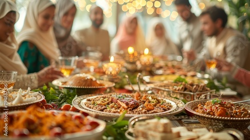 Extended family sharing a communal feast during Eid al-Adha with vibrant dishes and cultural attire, signifying unity