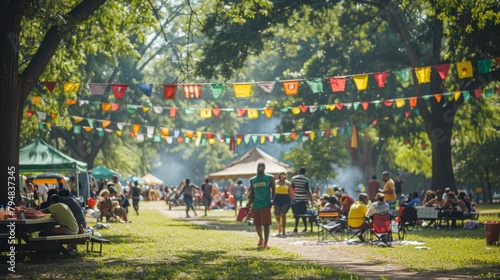 Lively Juneteenth celebration in park setting with colorful banners and community engagement