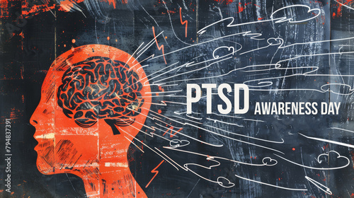 Conceptual Illustration of PTSD Awareness Day with Distressed Brain Design on Grunge Background