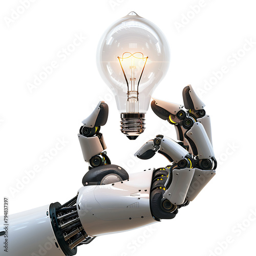 Ai robot hand holding lightbulb on isolated transparent background