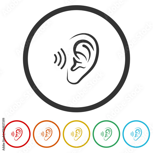 Ear icon, hearing icon. Set icons in color circle buttons