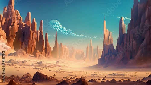 Landscape of a red planet with towering rocks and futuristic buildings against a backdrop. The concept of a colonized desert on another planet. photo