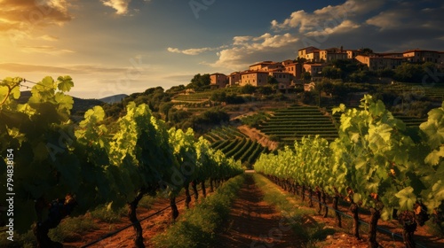 A breathtaking sunset casts a warm golden light over the vineyard  creating a picturesque scene of rows of grapevines against the horizon