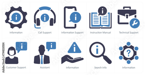 A set of 10 Customer Support icons as information, call support, information support