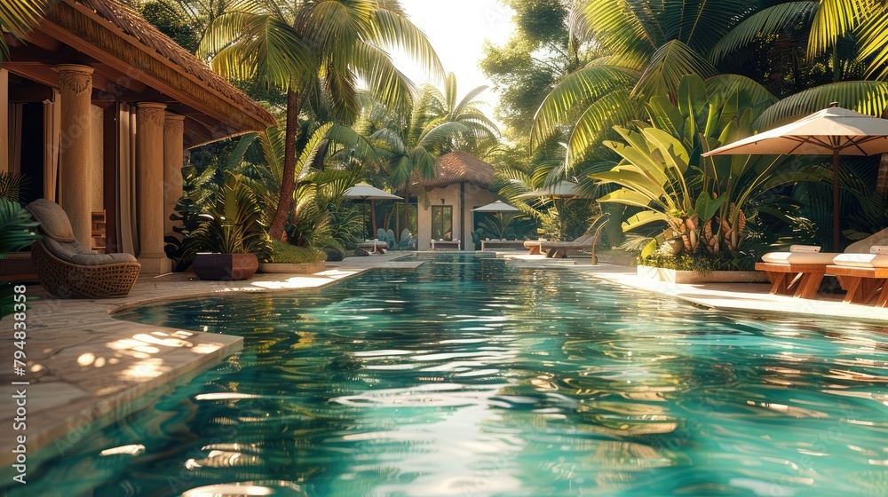 Tropical oasis with a palm-fringed pool. Generative AI.