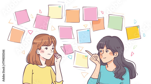 Two young businesswomen brainstorming using sticky no