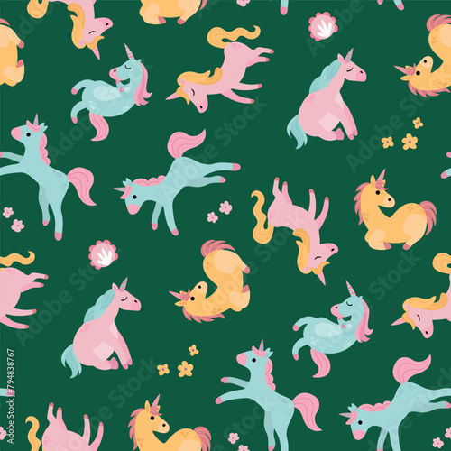 Seamless pattern with cute unicorns. A mythological and magical creature. Design for fabric, textiles, wallpaper, packaging.  © Helga KOV