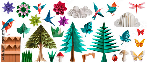 Collection of origami-style garden animals and plants to create backgrounds, transparent backgrounds and vibrant colors.