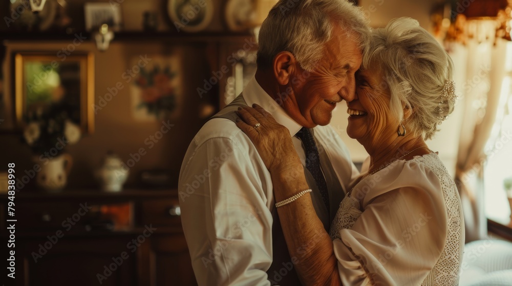 Romance senior couple dancing together in the house.
