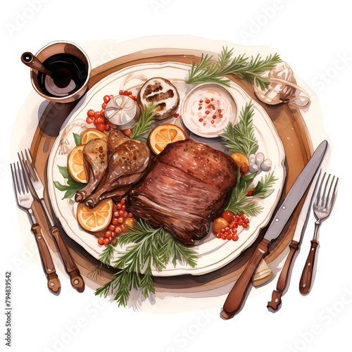 Hand drawn watercolor illustration of roasted lamb leg with vegetables and sauce